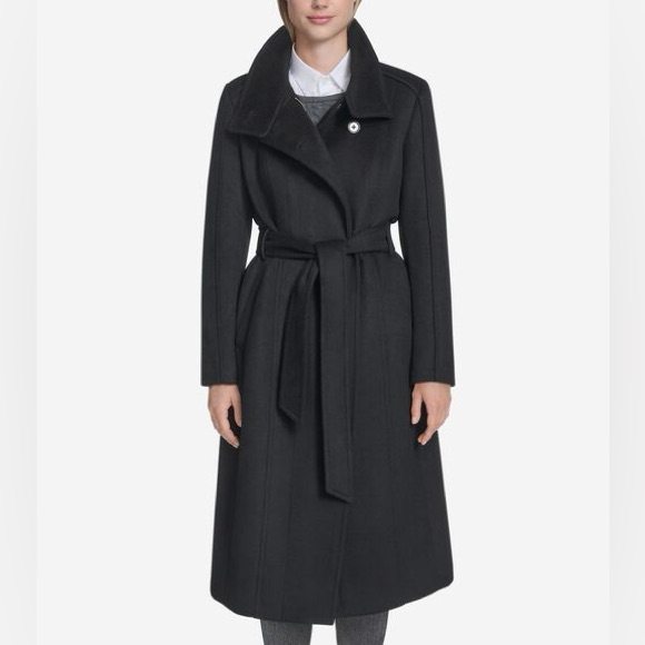 Cole Haan Women's Slick Wool Belted Coat In Black Size 14 New